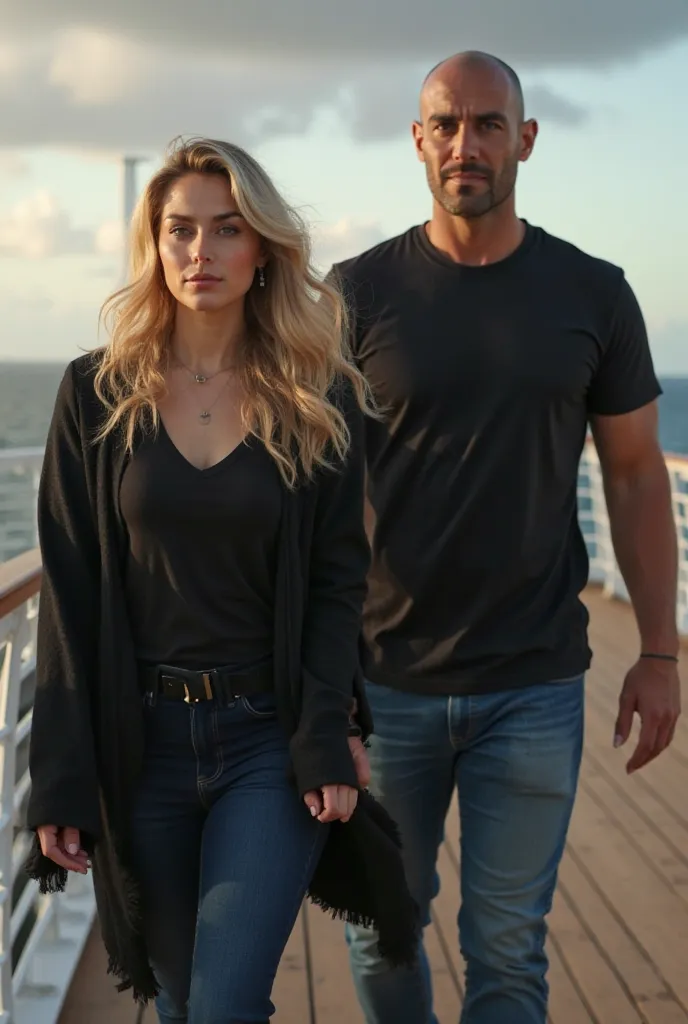  Girl with blond hair, Brunette with a face, high , chubby,  black eyes viste un un abrigo negro y va cogida de la    mano de un hombre alto ,calvo,  black eyes,  Round and bald face and head wears a black t-shirt and jeans. The scene is on a cruise ship