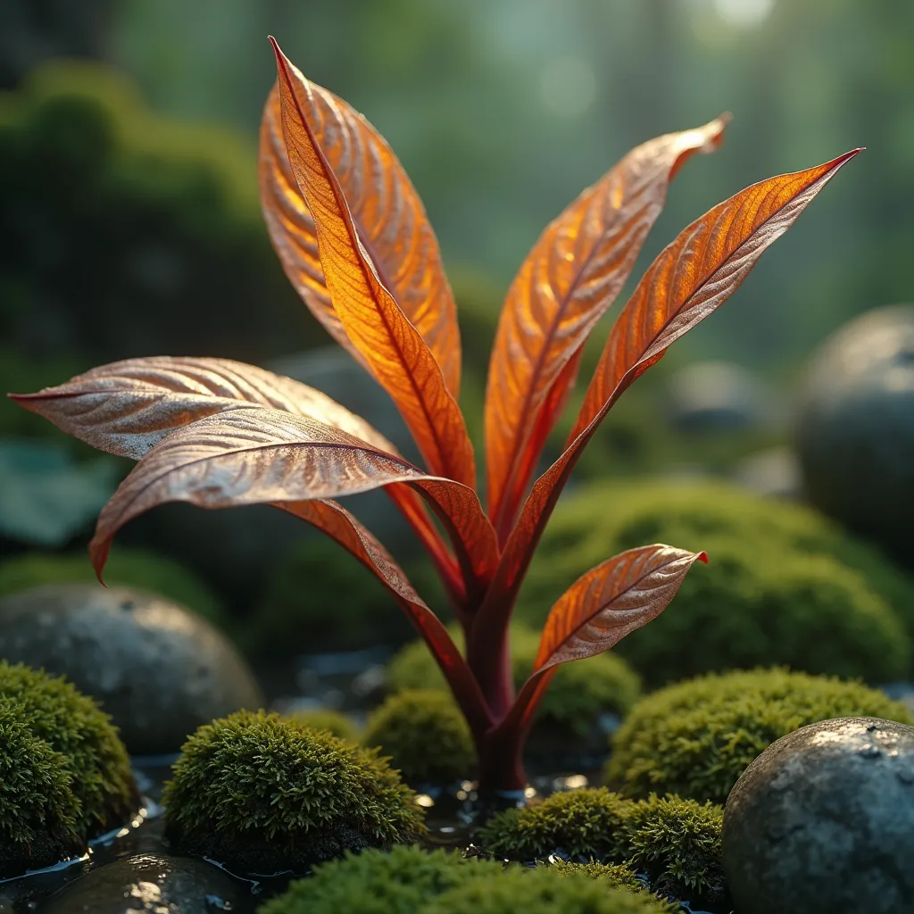 Hyperrealistic macro photography, in ultra HD, 8K, of an exotic plant never seen before in terrestrial botany, with leaves of an intense copper tone and natural golden reflections on their edges. Its leaves are long and thin, with a soft and silky texture,...