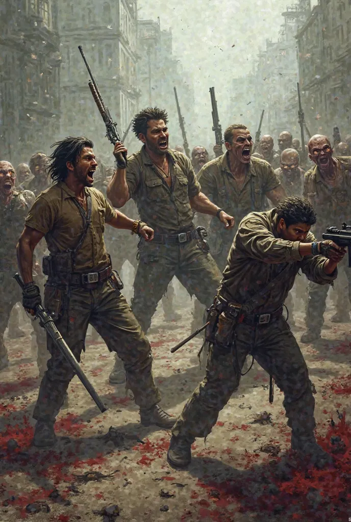 A group of people are bloody fighting zombies using axes with bows 