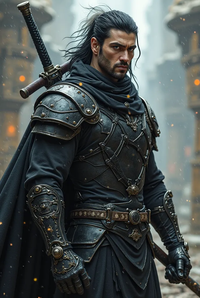 1. ** strong man**.
2. **black hair with a white streak, Thrown backwards**.
3. **white eyes**.
4. **Black clothing and armor**.
5. **Especially under the armor**.
6. ** sword in the back**.
7. **holster pistol**.
8. ** futuristic version**.

