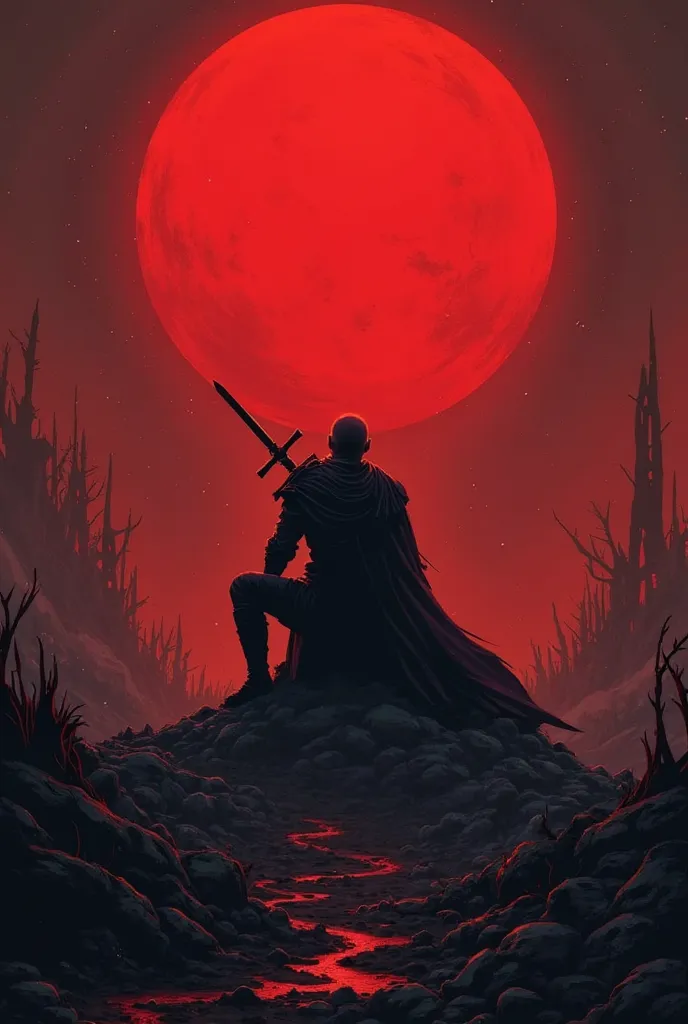 A gothic dark-fantasy mobile app welcome screen, inspired by Berserk. The background features a blood-red eclipse over a ruined battlefield. The UI is minimalist yet brutal, with sharp, black-edged buttons and glowing crimson accents. A lone warrior silhou...