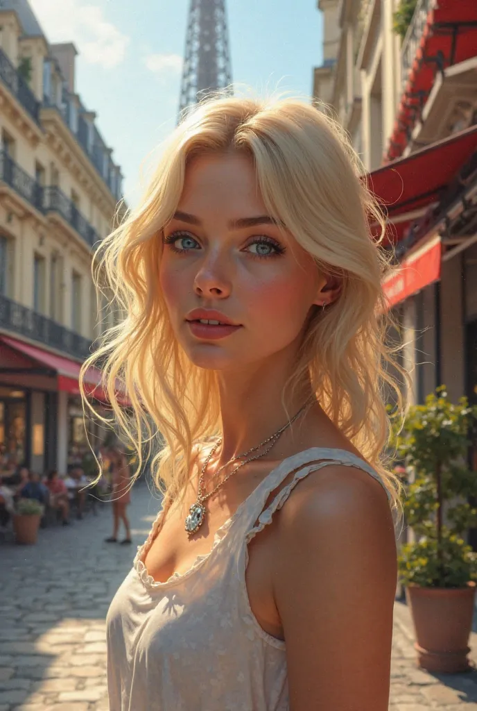 Beautiful blonde woman in real Paris