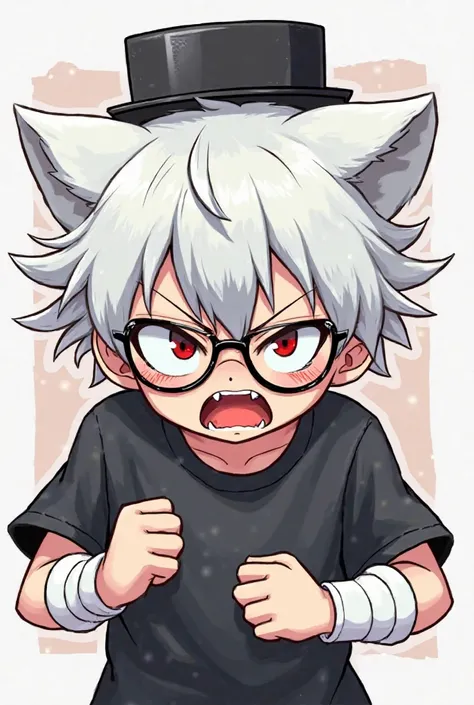 PNG of angry emotion of a white-haired boy with round glasses, Neko type mouth with a black box on his head and white armbands and a black shirt, graphic drawing 