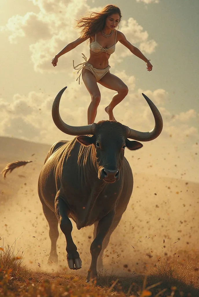 Taurocatapsia girl. Girl jumps bull holding her horns. The girl is standing upright on top of the bull upside down. The bull charges. Front image 