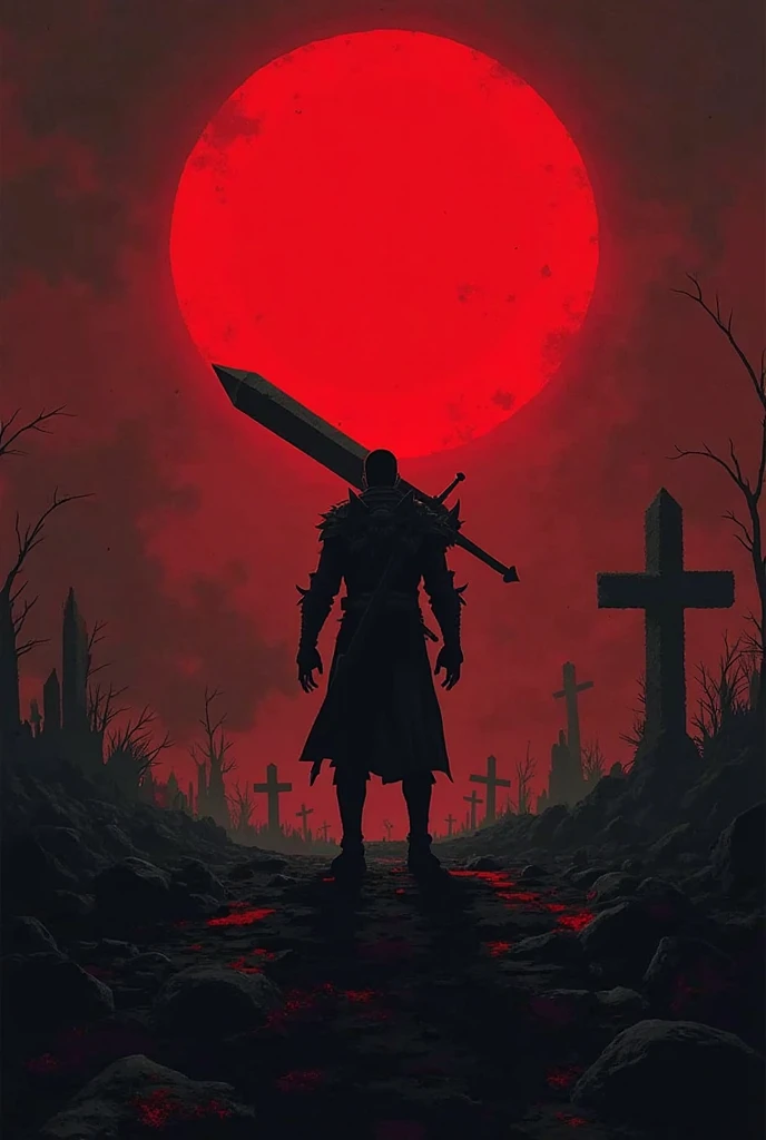 A gothic dark-fantasy mobile app welcome screen, inspired by Berserk. The background features a blood-red eclipse over a ruined battlefield. The UI is minimalist yet brutal, with sharp, black-edged buttons and glowing crimson accents. A lone warrior silhou...