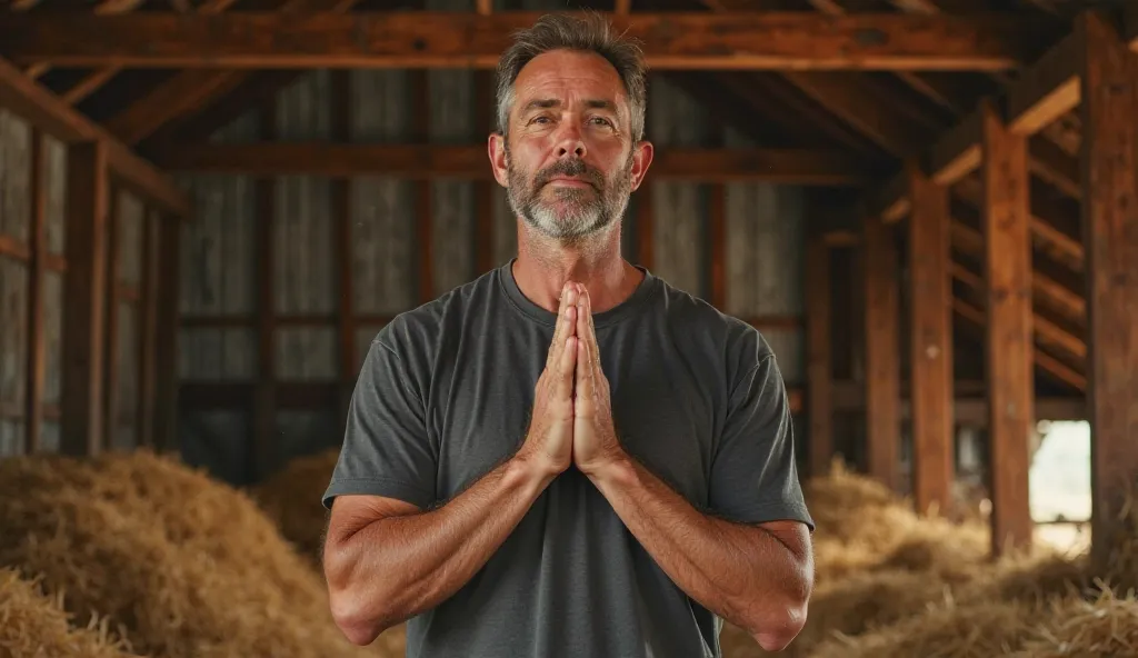 A 35-year-old American man is standing in a rustic barn, his hands pressed together in prayer. The barn is filled with golden hay, and the light streams through the wooden slats, creating a warm and inviting atmosphere. The ultra-realistic 8K resolution ca...