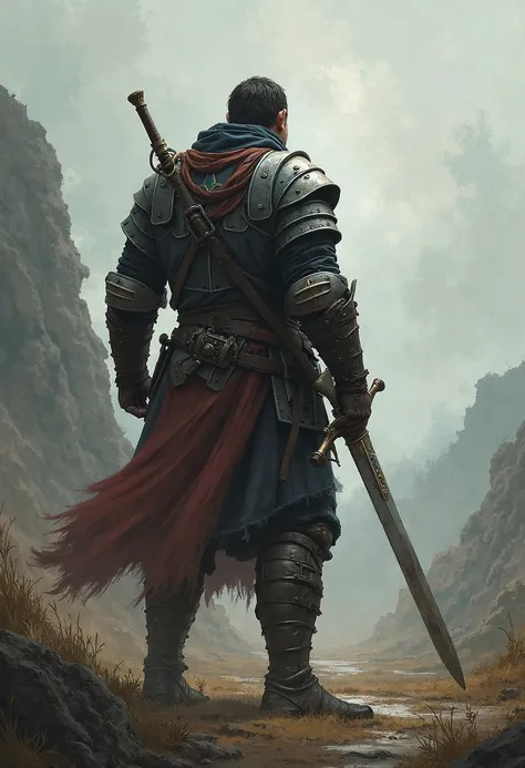 a warrior, from behind holding a sword.