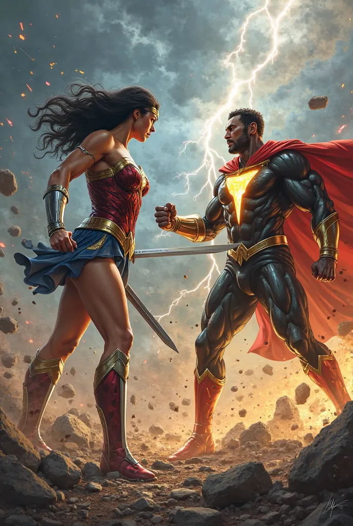 **"Create a highly detailed and realistic digital painting of Wonder Woman from DC Comics facing off against Black Adam from DC Comics in an epic, intense battle scene. Wonder Woman is wearing her iconic battle armor — a red and gold chestplate, blue skirt...