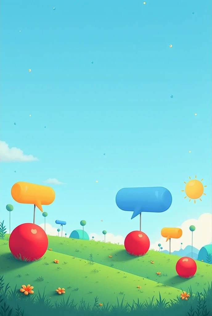 Create for me a slide template with a blue sky and red balls, blue and yellow like text balloons and grass on the ground in a cartoon style, well simplified