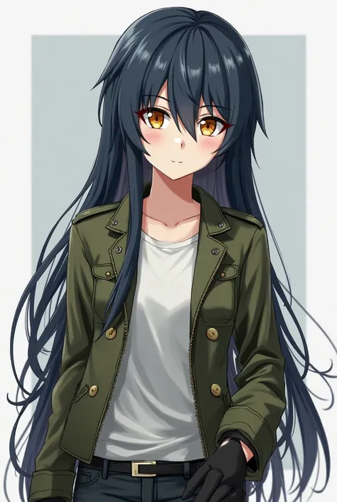  Create a character in the style of the anime Bungou Stray Dogs. She is a young girl , He has long bluish black hair and amber eyes. He wears black gloves and wears a military green leather jacket and a white t-shirt..