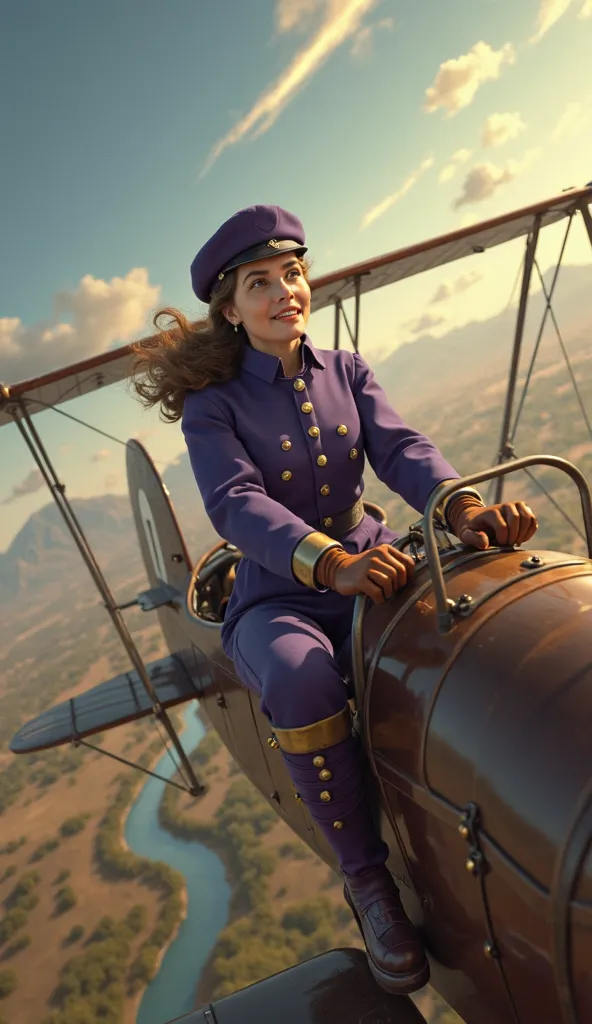 "A hyperrealistic and cinematic image of Harriet Quimby crossing the sky in her vintage Blériot XI monoplane, rises dressed in her iconic dark purple aviator suit with gold buttons, a matching cap and leather gloves, her expression full of determination an...