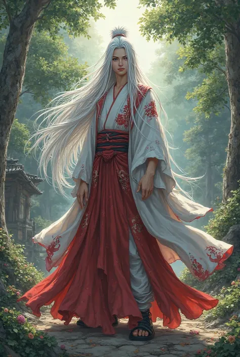 Create an RPG character from Naruto, a white-haired ninja who wears a red and white kimono 