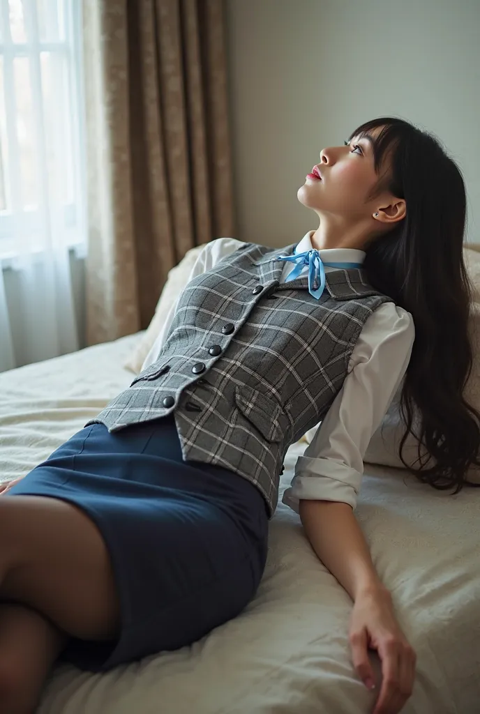 A super beautiful Japanese woman. She is lying on a table on her back,  Her head tilts backwards, gazing somewhere, opens mouth a little, no emotion. a man grasp her right leg and lifts up. her legs are open widly.She is wearing a neatly tailored gray chec...