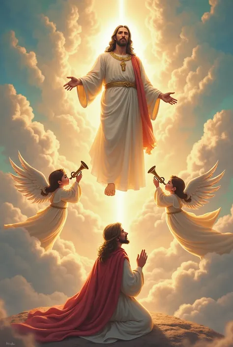 Jesus on top of clouds, next to him two angels playing trumpets. to the ground, kneeling ren praying and worshiping. Cartoon Chibi