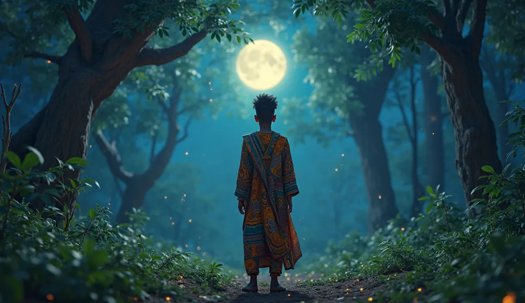 Juma, a young African man, wearing traditional clothes, is in the middle of the forest at midnight, with his back to the camera, Pixar 3D animation style