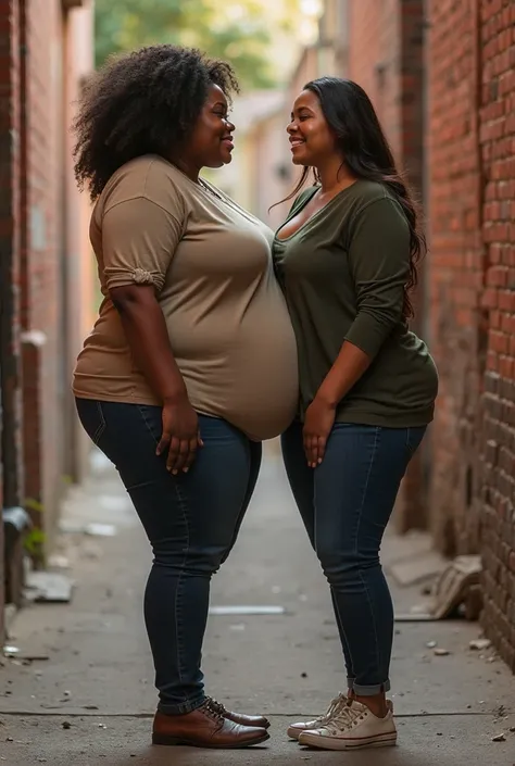 ssbSSBBW, Fat woman, huge belly, huge butt, obese, fat, overweight, gigantic, huge woman, obese woman, tall woman, Alley, watching, smile, huge belly, huge butt, hugging, young, 2women, size difference, fat woman taller, realistic, photography, giant, woma...