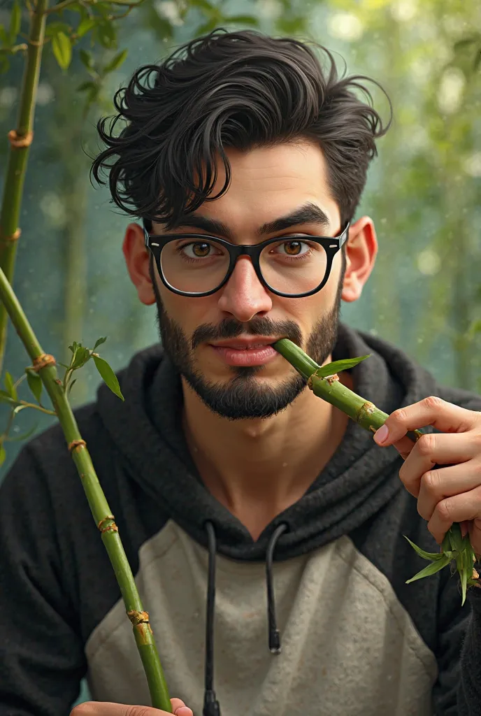 Create a realistic picture of an 25 year old Hungarian Man with black hair and glasses. In the picture, he is eating bamboo. The boy can also be in a panda costume. Without beard. And I send you a picture of this man. Please animated hím!!