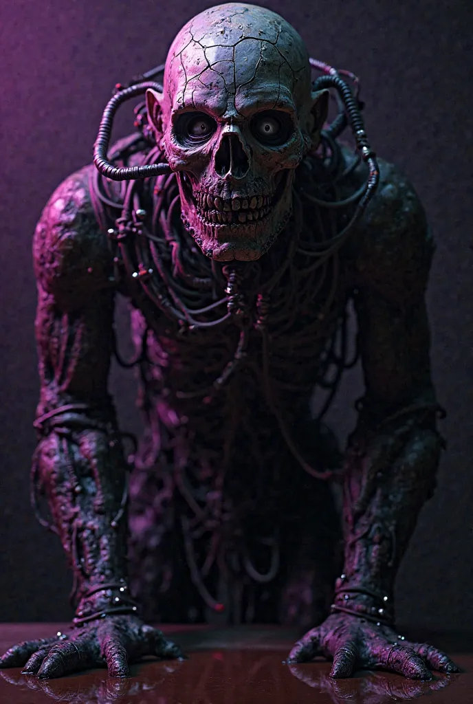 Dark biomechanical entity, humanoid form emerging from the shadows, grotesque face resembling a cracked porcelain mask with hollow, lifeless eyes, twisted metallic cables and tubes embedded into its body, eerie purple and black lighting casting ominous ref...