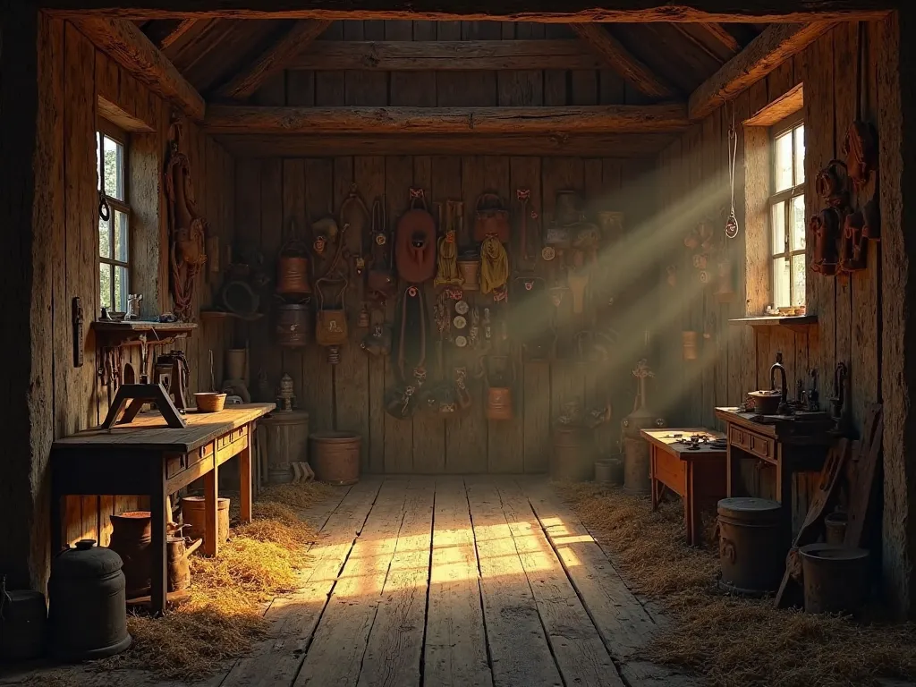 Dark farmhouse barn interior