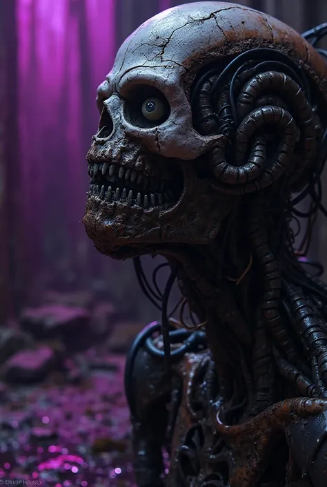 Dark biomechanical entity, humanoid form emerging from the shadows, grotesque face resembling a cracked porcelain mask with hollow, lifeless eyes, twisted metallic cables and tubes embedded into its body, eerie purple and black lighting casting ominous ref...