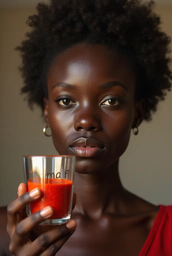 J'aimerais avoir une photo d'une belle jeune fille de 20 ans de teint foncé ( une sénégalaise) qui de sa main tient du piment en poudre contenu dans un verre lequel est inscrit "tima"