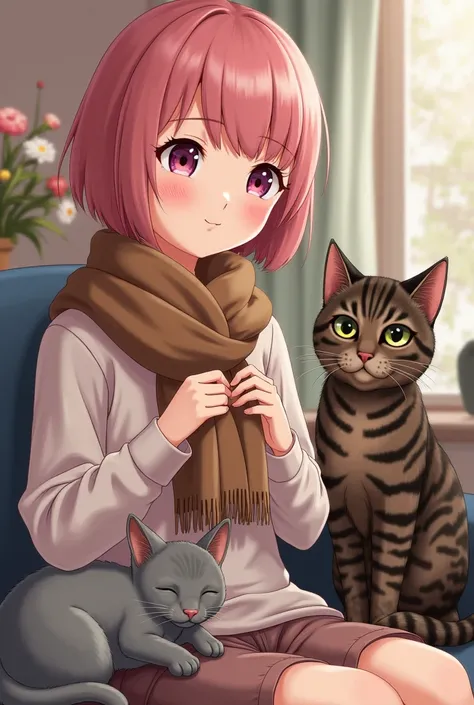 A young woman with pink blunt hair. She knits a little brown scarf with a braid in her hands. Next to her are two cats, one male and one female. One of the cats is gray and sleeps on her left knee while the other cat stands in dark brown tiger patterns and...