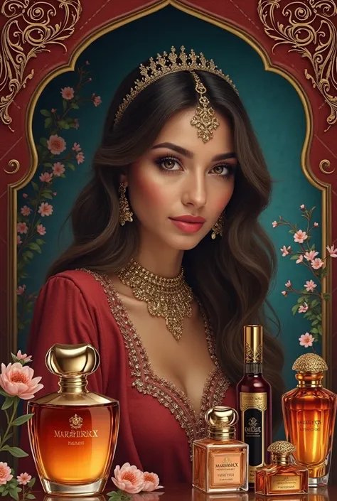 Generate me a poster for an Arabic perfume ad with fragrances on the poster for store name Sarah Shop

