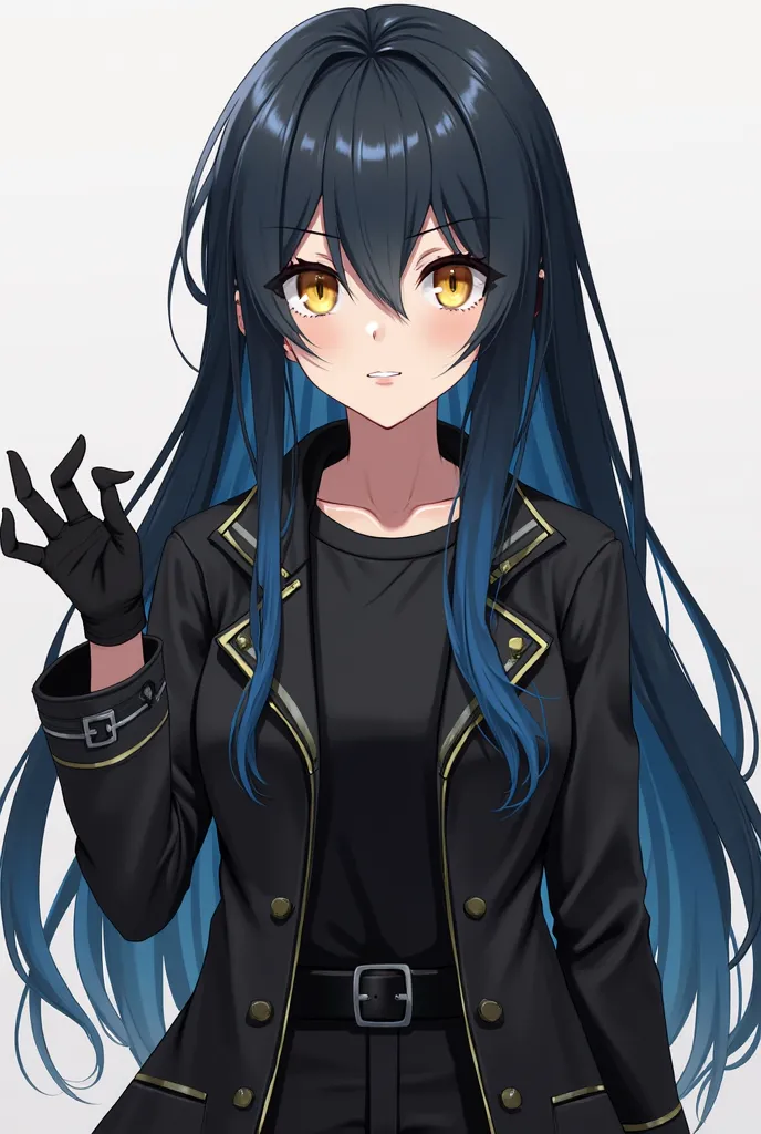  Create a character in the style of the anime Bungou Stray Dogs. She is a young girl , has long bluish black hair and amber eyes. He wears black gloves and wears a black trench coat with a black t-shirt. this would be serious.