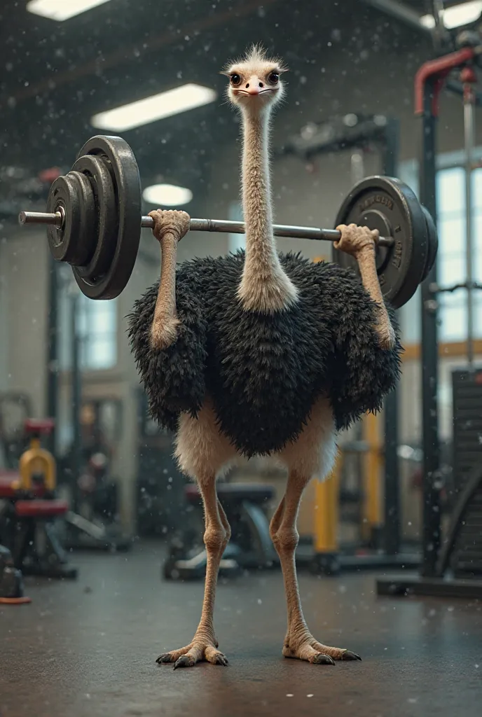 Take a picture of an ostrich at the gym doing arm bends with a barbell 