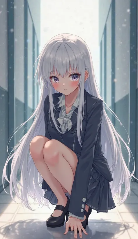 White-haired anime girl high school schoolgirl wearing secretarial heels while crouching 