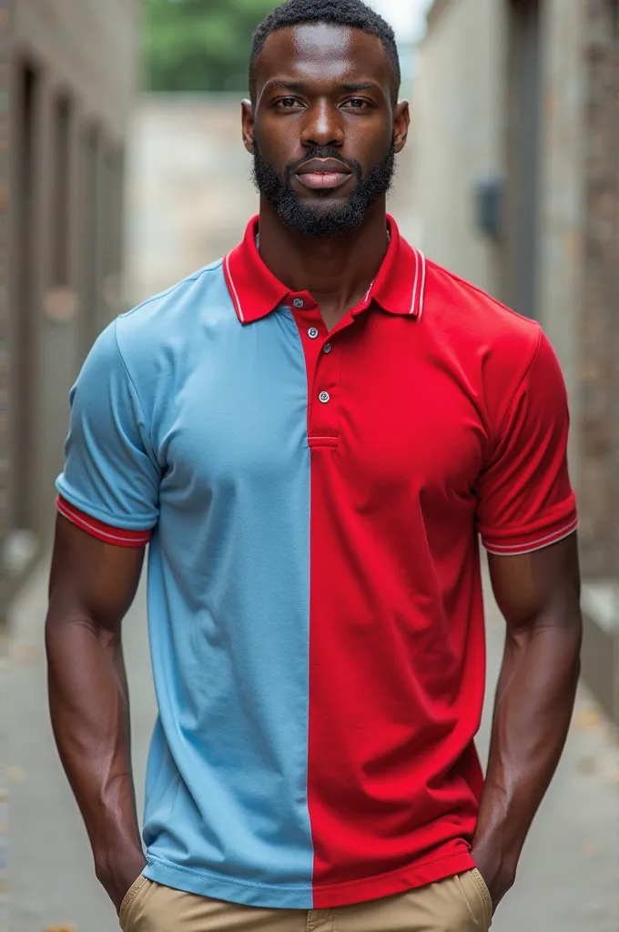 A person with a red and light blue polo shirt that looks full 
