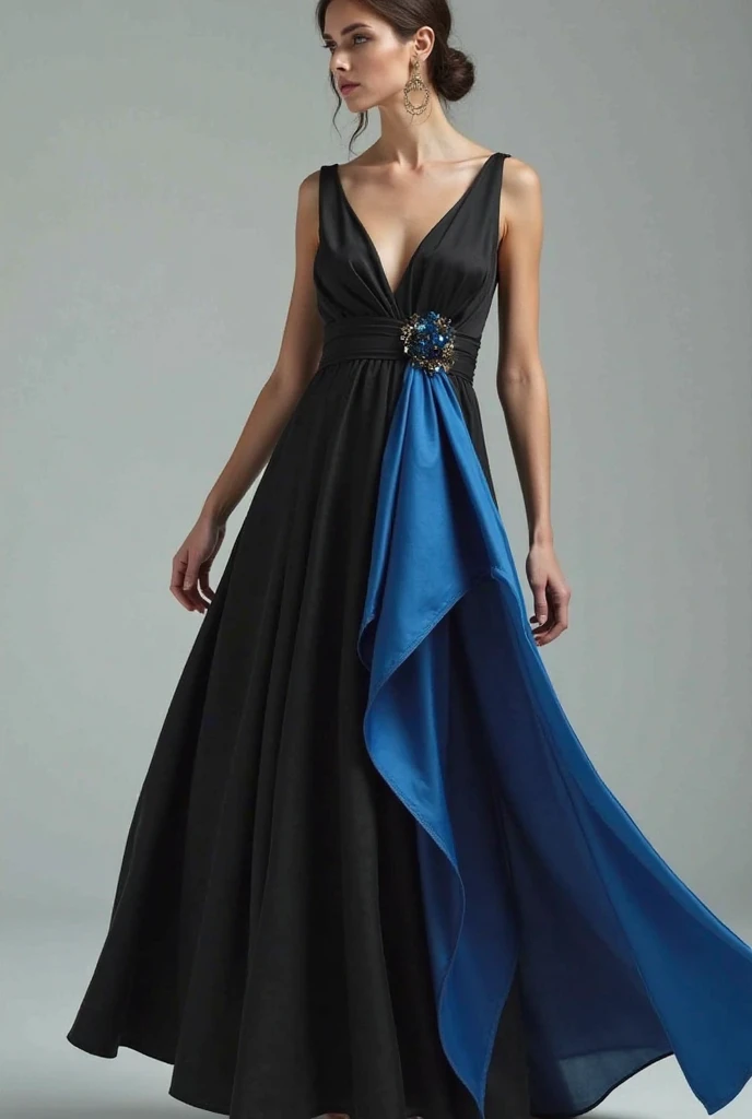 Black satin dress with sky blue attached to the body 
