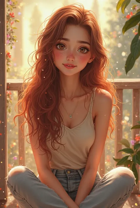  girl with long hair, half-crimson brown,  light leather balcony, big brown eyes smiling, Cheeks a little red with freckles, With a top type sweeter, A blue jeans claro