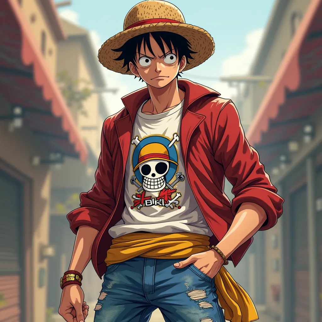 Monkey D Luffy, streetwear style, anime style, dynamic pose, bokeh effect, vibrant colors, detailed clothing, 8k resolution