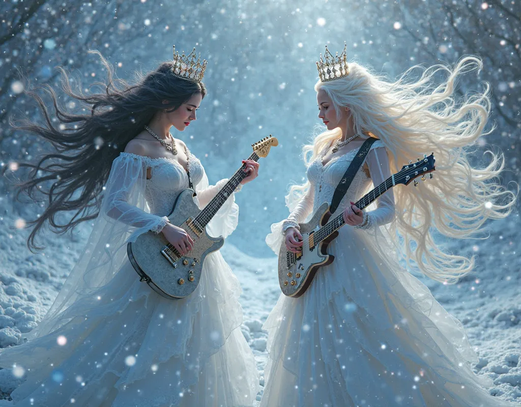 Two beautiful whit dark long hair queens, live, The Snow Queen plays the guitar, The Queen of Air sings while playing the keyboard., Queen of Fire on drums