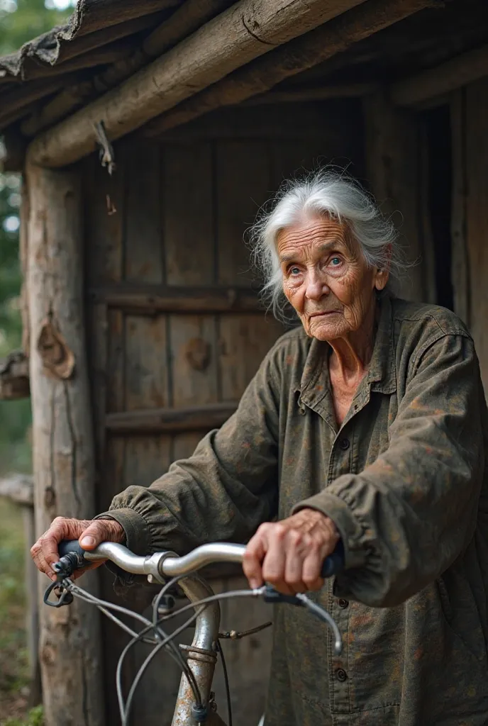 A 57-year-old lady, white hair and bright light brown eyes, She wears old and faded clothes. His gentle face,  marked by time , shows sadness while holding a used and worn bicycle. In front of you,  An 18-year-old, thin, of medium height, straight dark bro...