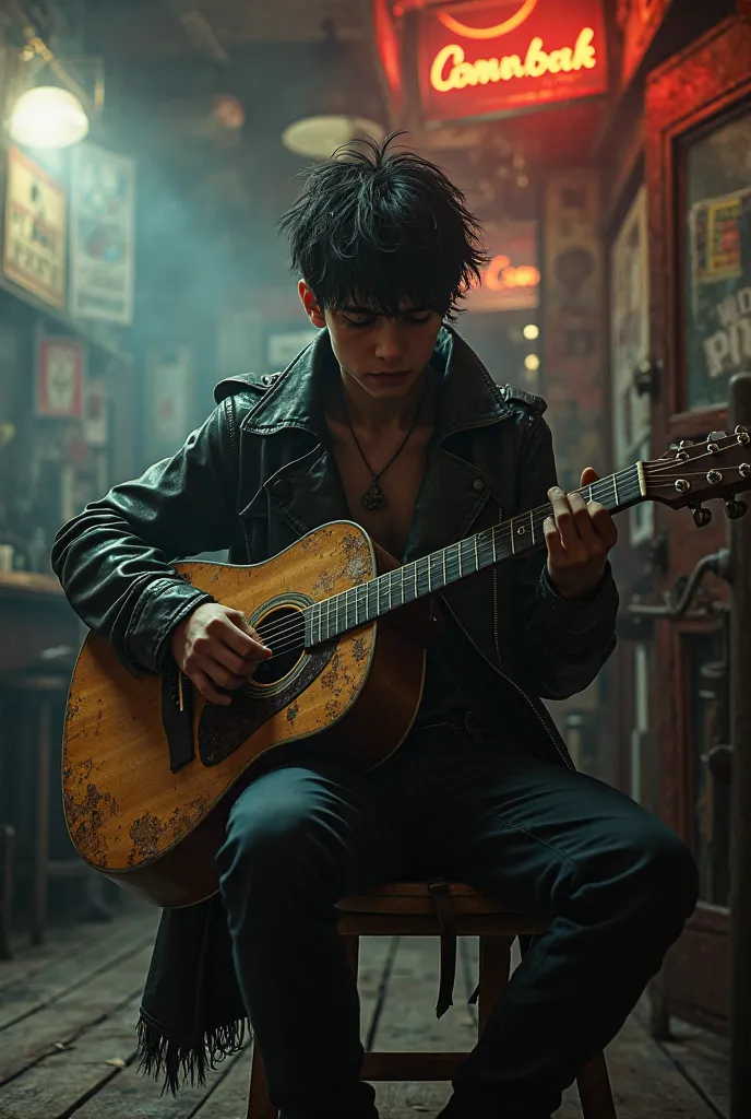 dark boy,short hair ,thin,barbarian,Playing the guitar in a bar