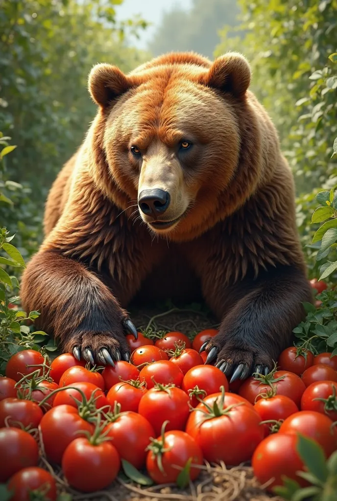 A realistic picture of a bear with tomatoes 