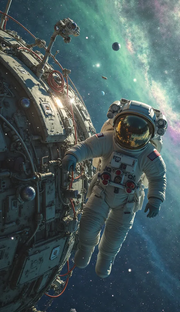 An astronaut floating in space next to a highly detailed space capsule, with cables and tools floating in microgravity. The spacesuit of astronaut presents realistic textures, with reflections of sunlight on the visor of the helmet, showing a blur Of the c...