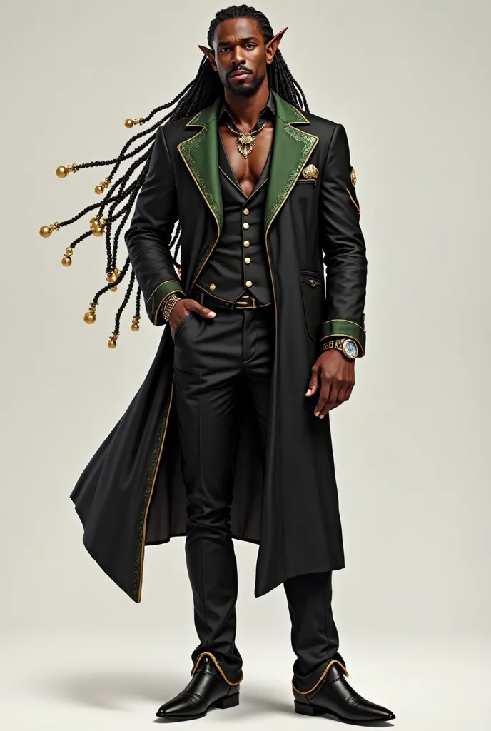 A stunning, full-body design of a Black male with deep, rich brown skin that has a natural, organic texture. His long, flowing hair is adorned with intricately braided sections, decorated with gold beads woven throughout. His face is beautifully sculpted, ...