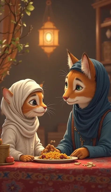 Ayaan (A young anthropomorphic tabby kitten, wears a slightly oversized white shalwar kameez and a neatly tied white Muslim skullcap), his mother (an elegant feline anthropomorphic tabby cat in a navy blue abaya and matching headscarf), and the jackal (an ...