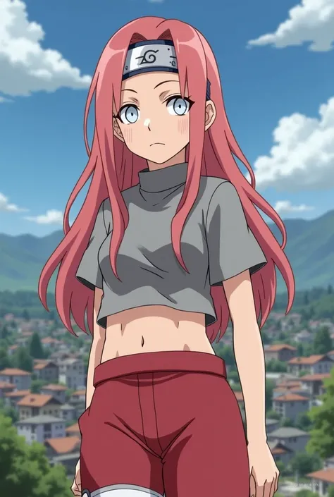 Catch Naruto Shippuden. Light-skinned older girl. white eyes. long light red hair with the headband. body medium build. Naruto Shippuden anime red and gray costume. showing the stomach. The upper part short sleeve and attached to the body. flared pants. wi...