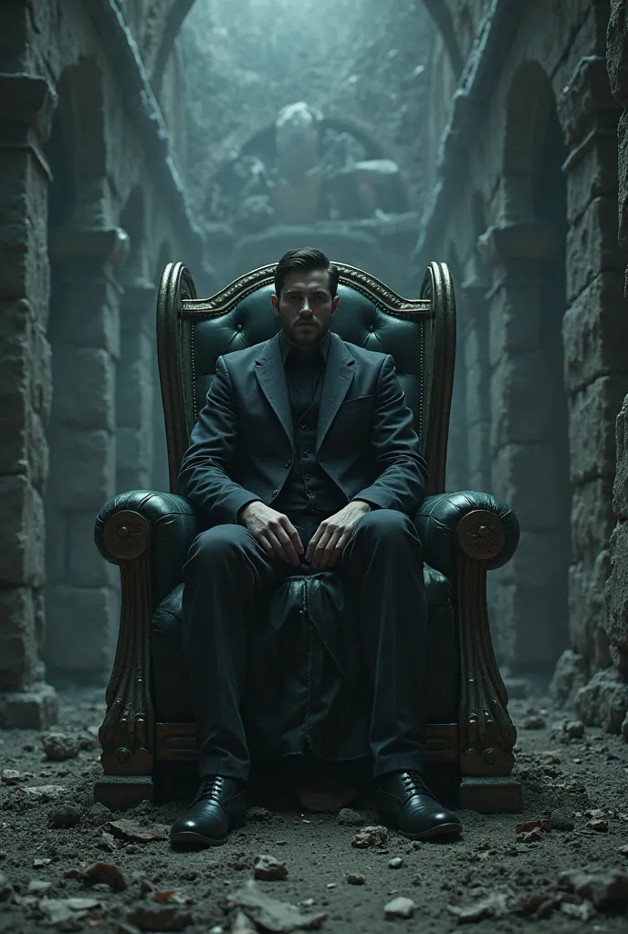 handsome man with a blurry face in a dark castle sitting in a ruined throne