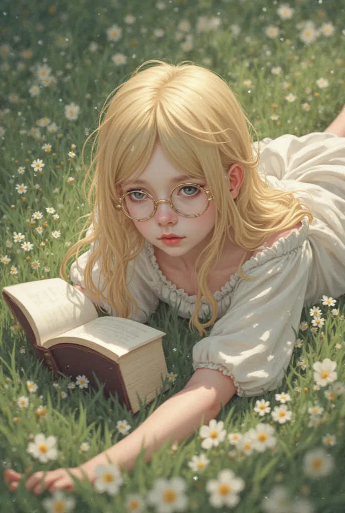 (masterpiece), best quality, perfect face, perfect feet, pale shiny skinned age bookworm with blonde hair, bony, slender, tenuous, glasses, lying on her stomach in a meadow