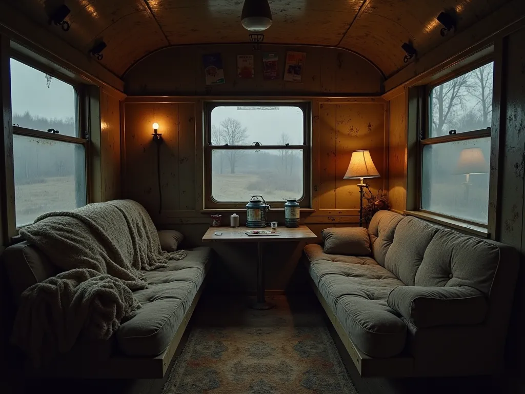 the picture contains an image of part of the train car from the inside, habitable like a room. In this wagon room Two windows are located opposite each other, they are obscured by pieces of dark plywood on iron fasteners,  most likely , so that the light i...