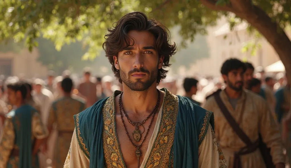 A wealthy young man from ancient Jerusalem,  ABOUT 25 YEARS OLD , with well-groomed dark brown hair and deep green eyes. His Middle Eastern features are refined, with a strong chin and a thoughtful expression. He wears a luxurious robe embroidered in shade...