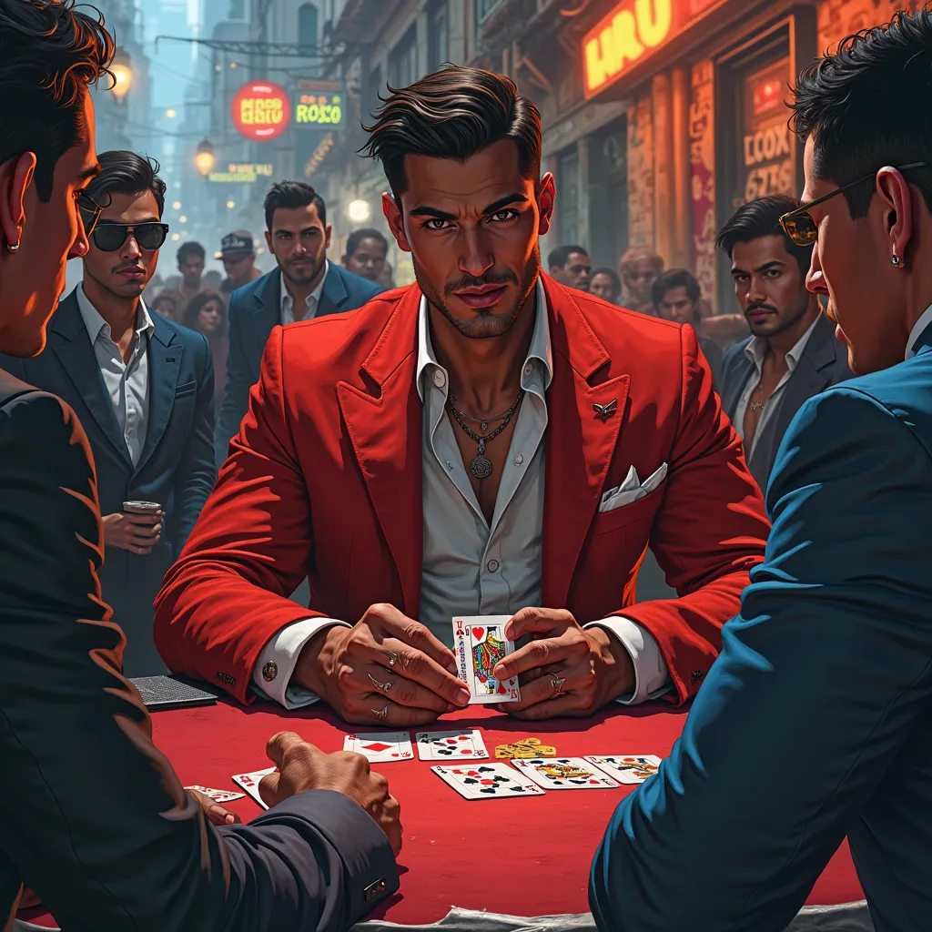 19-year-old tall black Brazilian man  , Scoundrel in the red suit playing card for Lapa Rio de Janeiro with other crooks with different colored suits