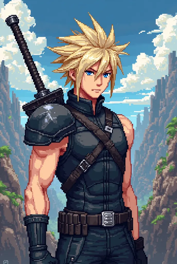 Pixel art of cloud strife from final fantasy 