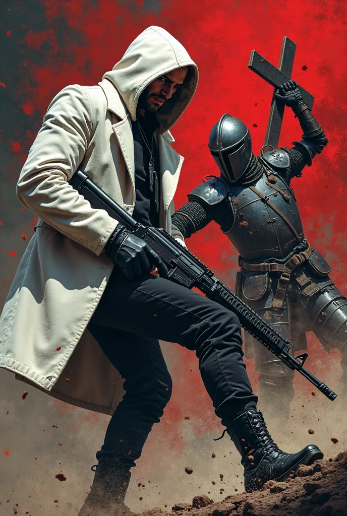 blackmetalist learned anarchist, the idea of the noosphere, stalker, anarchy flag in the background, wearing a white coat with an ak in his hands, kicks a knight with a cross