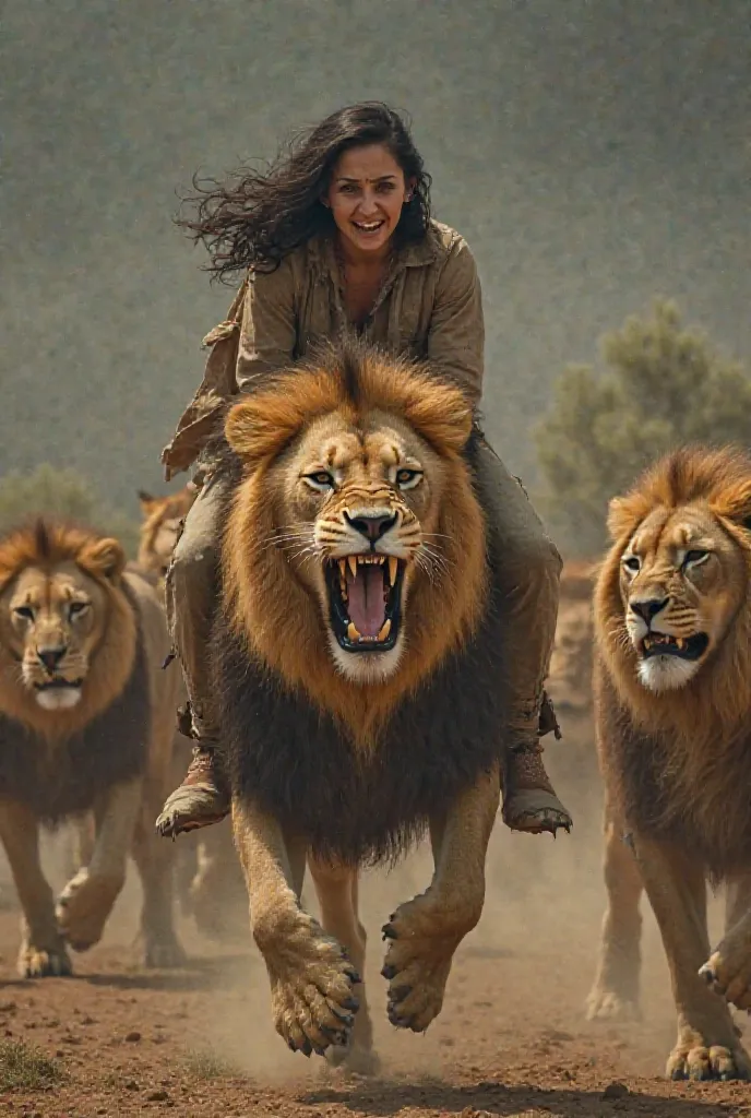 A scared  rides a lion that tries to attack her. Several lions attack her around them.